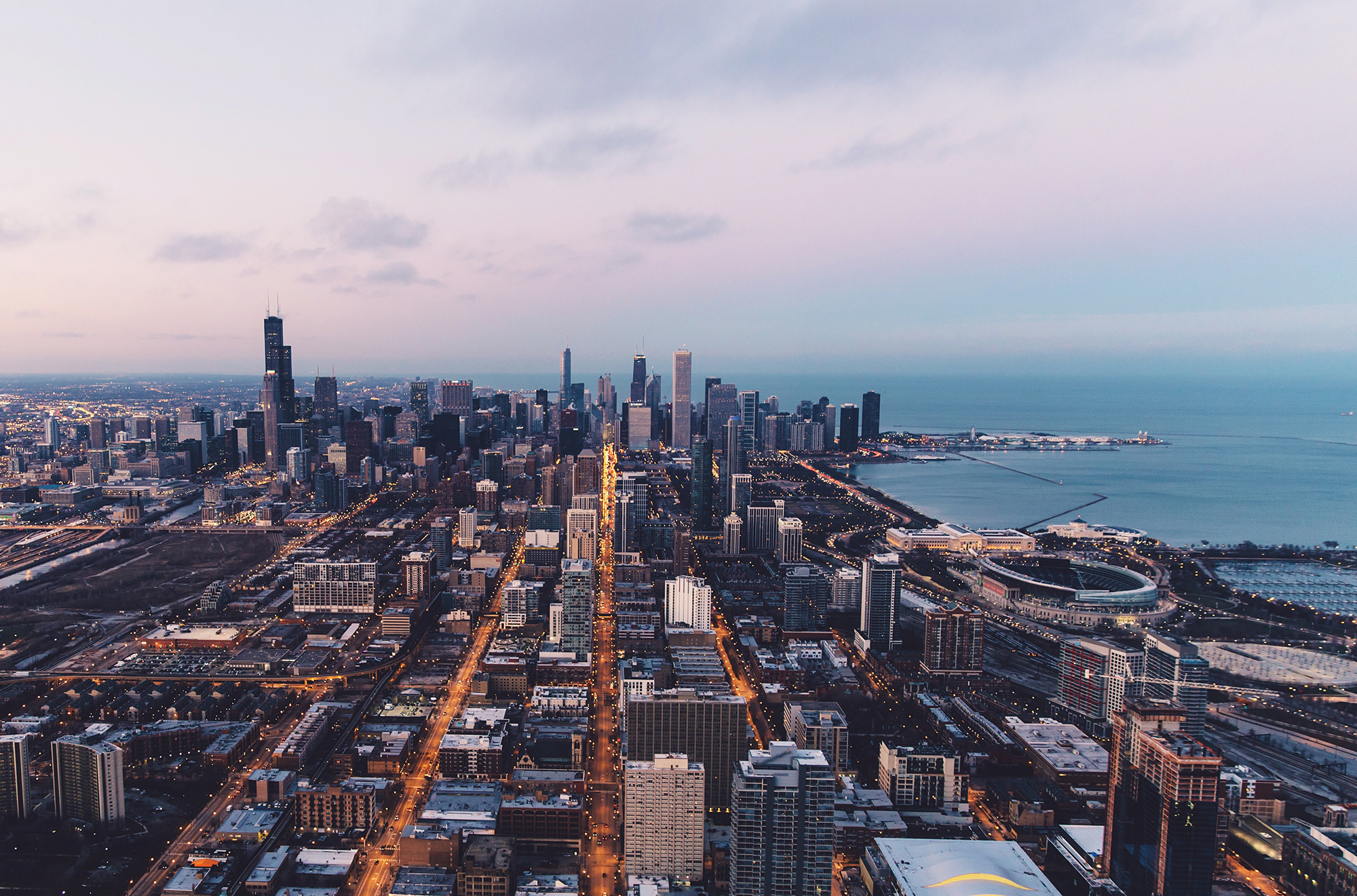 drone image of the city discussing chicago's 311 system